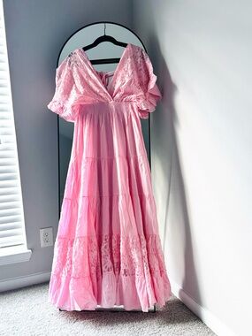 Bohemian Hippie Flowy Pink Cotton Gauze & Lace Maxi Dress XL